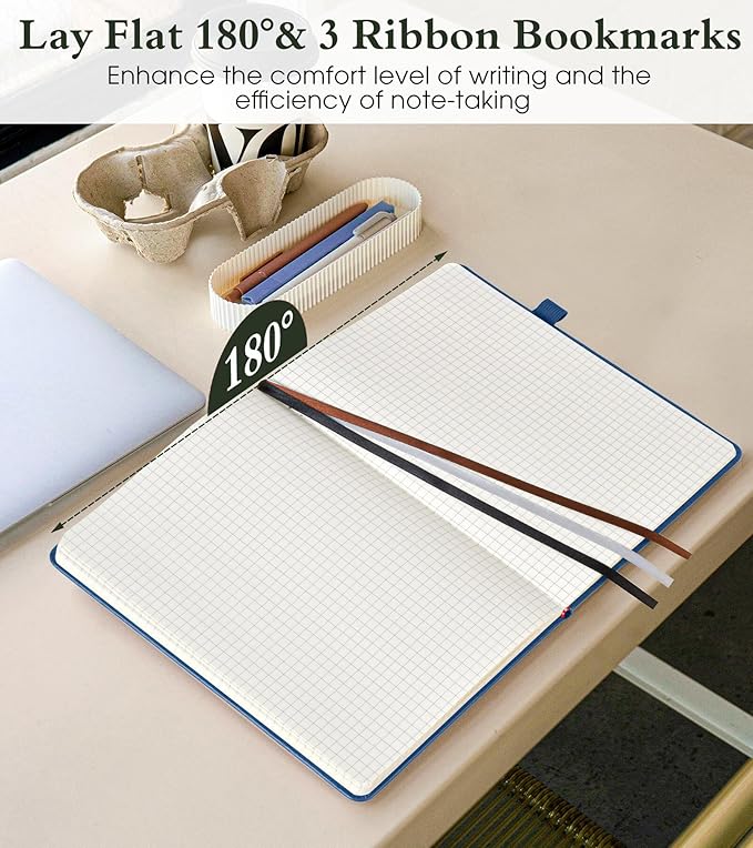 PAIBAS Graph Notebook for Women Men, 160 Pages Grid Paper, Graphing Notebooks for School, Work, Quad Ruled, Inner Pocket, A5 Hardcover Vintage Leather Journals for Writing, 5.8"x8.5" (Navy)