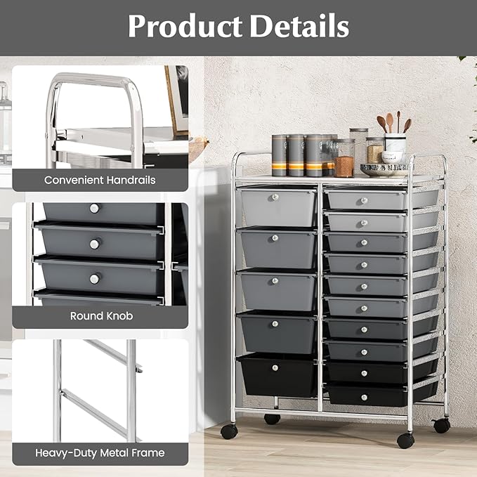 COSTWAY 15 Drawers Storage Cart, Multipurpose Rolling Utility Cart on Wheels w/Lockable Wheels & Removable Drawers, Mobile Tools Scrapbook Paper Organizer Cart for Office School Home, Mixed Black