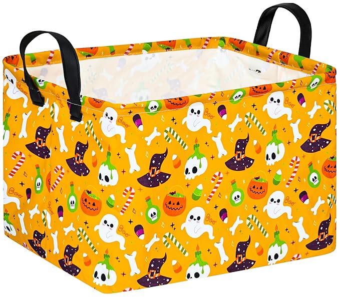 FUULOXE Halloween Empty Storage Basket with Handles Open Gifts&Candy Spooky Basket stuffers for Kids Baby Collapsible Women Organizer Bins Toys Boxes for Shelves Home Office