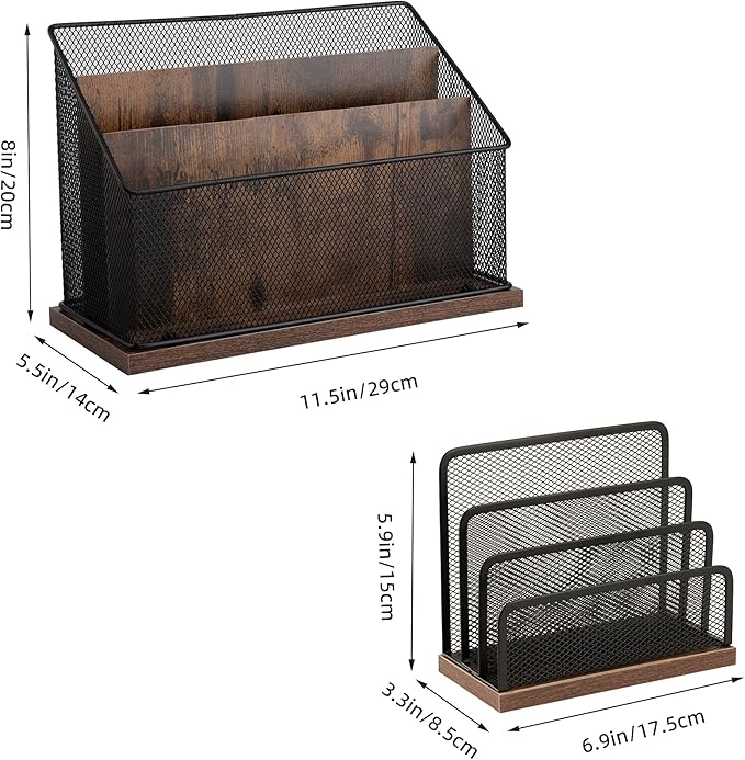ASIFMTHOT 3-Tier Vertical File Storage with Retro Wooden Desk Mail Organizer and Metal Mesh Desktop Organizer for Home Office