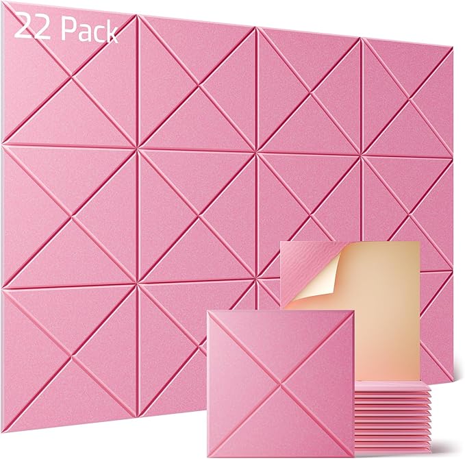 Sonicism 22 Pack X-Lined Acoustic Panels with Self-Adhesive, 12"X 12"X 0.4" Sound Proof Foam Panels, Decorative Soundproof Wall Panels, Sound Absorbing Tile for Home & Offices, Pink