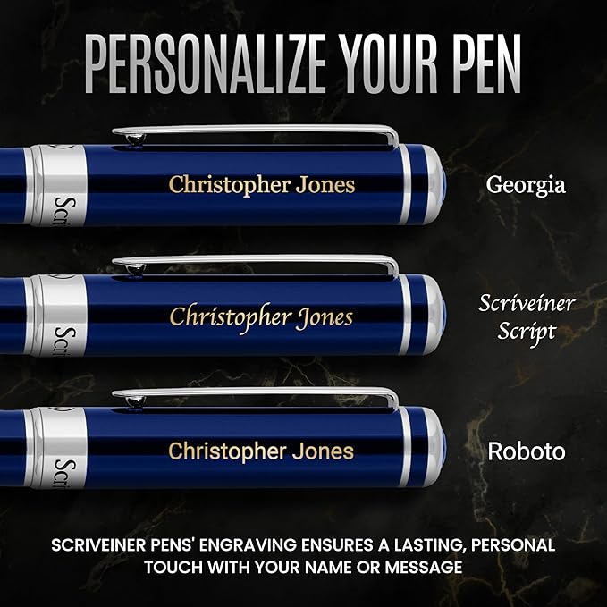 Scriveiner Personalized Midnight Blue Fountain Pen - Stunning Blue Lacquer Luxury Pen, Chrome Finish, German Schmidt Nib (Medium), Best Engraved Pen Gift Set for Men & Women, Name Engraving