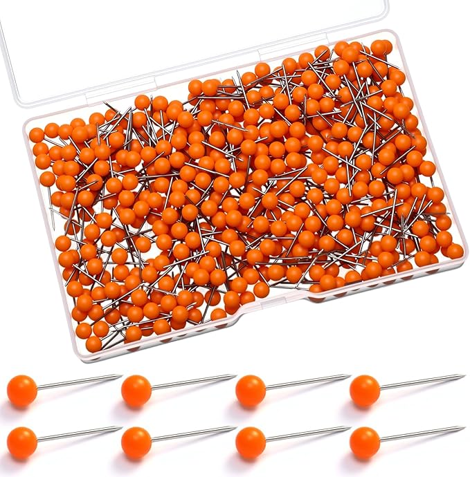 WILLBOND 500 Pack Map Push Pins Map Tacks Small Round Head Push Pins Thumb Tacks for Travel Picture Photo Bulletin Board Wall DIY Craft School Office Home(Orange,1/6 Inch)