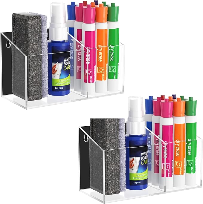 HBlife 2 Pack Magnetic Dry Erase Marker Holder for Whiteboard with 2 Compartments, Acrylic Wall Mount Magnet Pen Holder for Refrigerator, Locker Organizer Accessories for Classroom Office, Clear