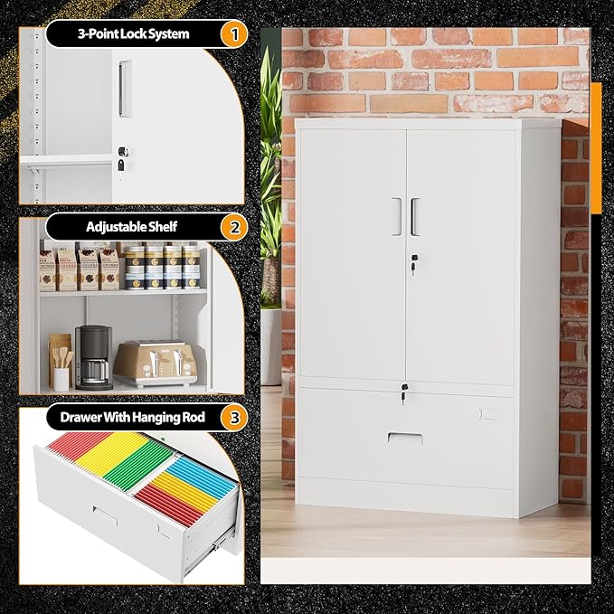 INTERGREAT Metal Filing Drawer Cabinet, Metal File Cabinet with Lockable Doors and Adjustable Shelves, Lateral Storage Cabinets for Garage, Home Office, Kitchen (White)