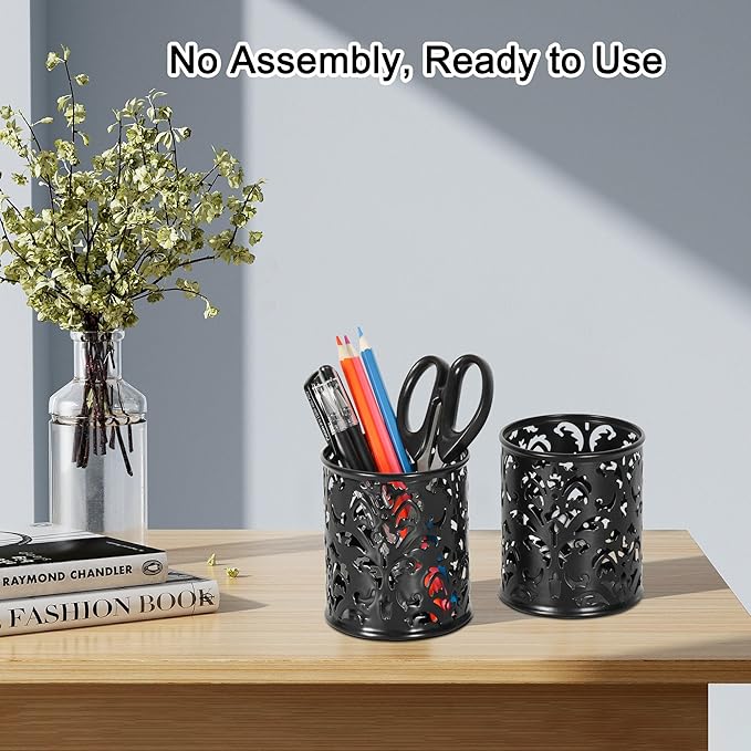 EasyPAG Black Pen Holder for Desk, 2 Pack Round Pen Organizer, Brush Holder for Vanity, Metal Pencil Cup Organizer for Home, Office, Classroom, School