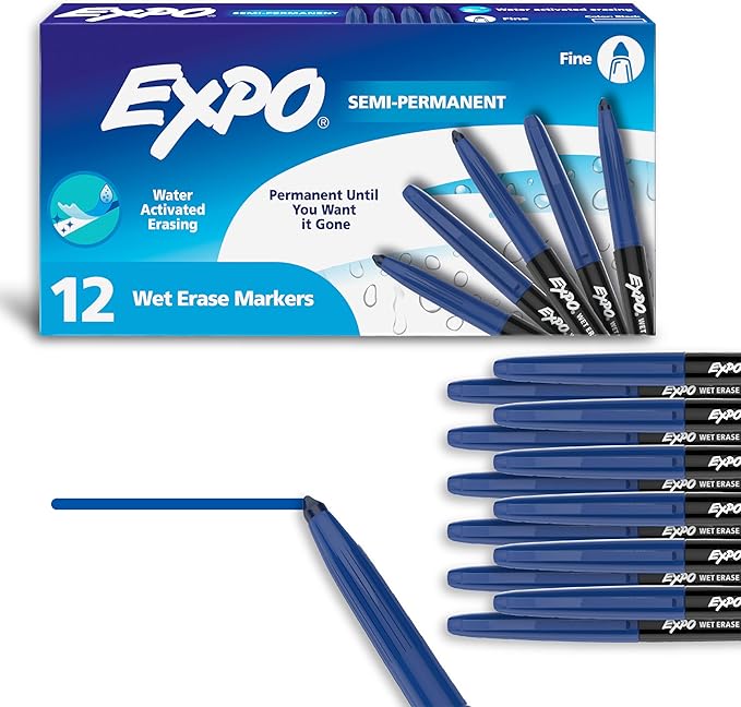 EXPO Wet Erase Markers, Semi-Permanent, Blue, Fine Tip, 12 Count - For Writing on Glass, Whiteboards, Mirrors, Calendar, Labeling, Organizing