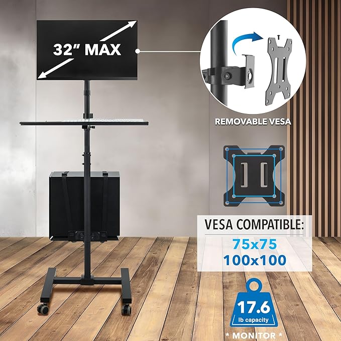 Mount-It! Rolling Computer Cart on Wheels, Mobile Desk Workstation with Monitor Mount for up to 32" Screen, Full Keyboard Tray, Floating Adjustable CPU Holder, Standing up to 70" Tall