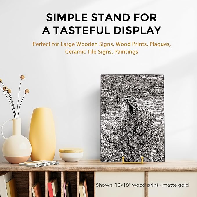 TR-LIFE 12 Inch Large Plate Stands/holder for Display - Metal Picture Frame Holder Stand + Small Easels for Platter, Book, Plaques, Photo, Tabletop Art (Gold 2 Pack)