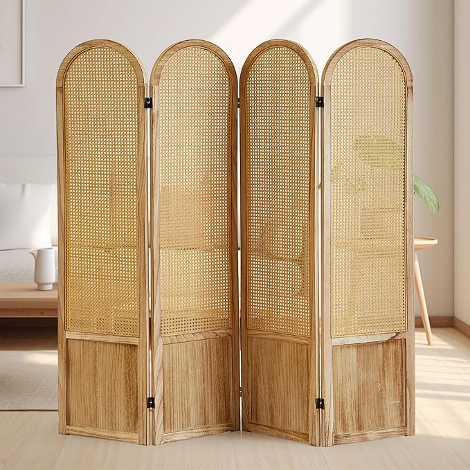 Asnefeli Room Divider 4 Panel, Folding Privacy Screen, Foldable Wood Divider Room Dec, Rattan Room Divider, Portable Partition Screen, Wall Divider for Room Separation Bedroom Home Office (Natural)
