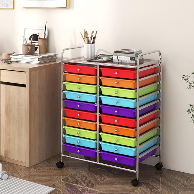 Happygrill 20-Drawer Organizer Cart Tools, Mobile Utility Storage Cart with Removable Drawers & Lockable Wheels, Rolling Storage Cart with wheels for Home Office School(Multicolor)