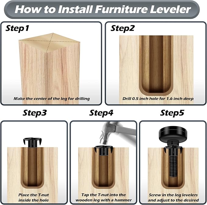 Holimax 10 Set Adjustable Furniture Leveling Feet, Adjustable Leg Levelers for Cabinets Sofa Tables Chairs, Heavy Duty Height Adjuster Furniture Levelers Foot with T- Nut Kit 3/8"-16 Thread, Black