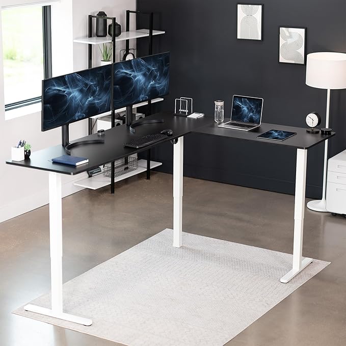 VIVO Electric Corner 84 x 63 inch L-Shaped Standing Desk, Memory Height Adjustment, Black Top White Frame, DESK-E3CTWB-84