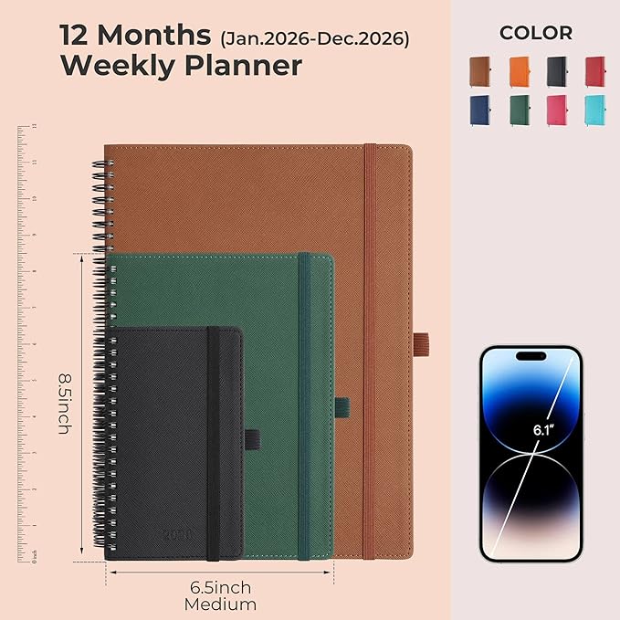 IN-LUXPRO Planner 2026 Daily Weekly and Monthly,8.5"x6.5",12 Months Spiral Bound Calendar Agenda with Self-adhesive Pen Holder,2026 Appointment Book with Vegan Leather Soft Cover,Green