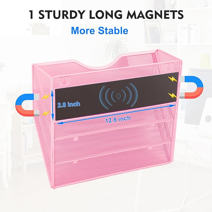 EASEPRES Magnetic 3 Pocket Mesh Hanging Wall File Organizer, Wall Mounted Mail Paper Document Folder Holder, Clipboard Storage Magazine Rack with Nametag Label for Office Home School, Pink