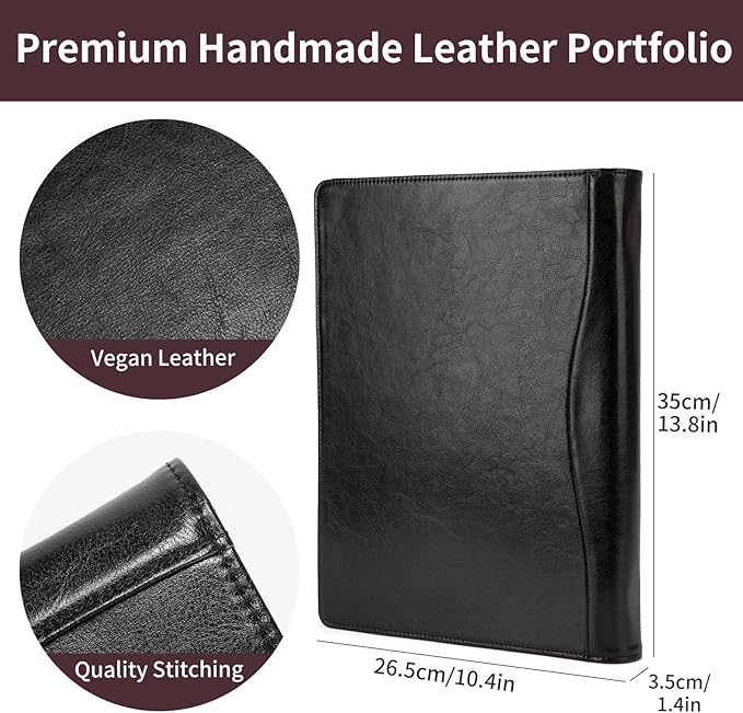 Geslun Vegan Leather 3 Ring Binder, 8.5 x 11 Letter Size Folio with Pen Holder, Soft Notebook Portfolio Cover, Slim Notepad Padfolio Thin File Organizer for Work Executive Meeting, Black