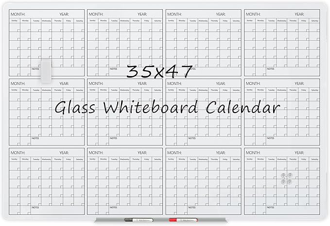 Magnetic Whiteboard Glass Board Yearly Calendar - 35" X 47" Large Wall Whiteboard - Dry Erase Planner for Wall Home, School, Office