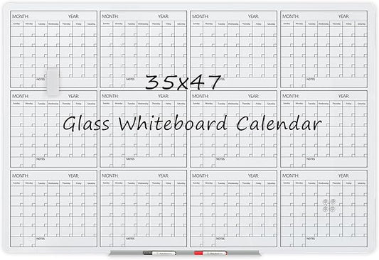 Magnetic Whiteboard Glass Board Yearly Calendar - 35" X 47" Large Wall Whiteboard - Dry Erase Planner for Wall Home, School, Office