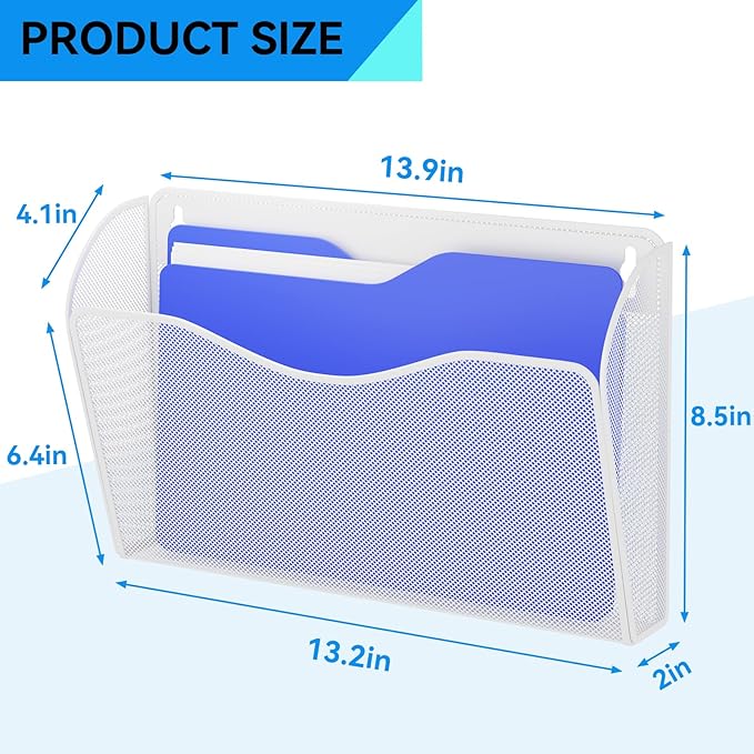 GDINDINFAN Single Pocket Wall File Holder, Mesh Hanging File Folder Paper Organizer, Vertical Wall Mounted Mail Basket, Storage Organization Magazine Rack for Office, Home and School, White