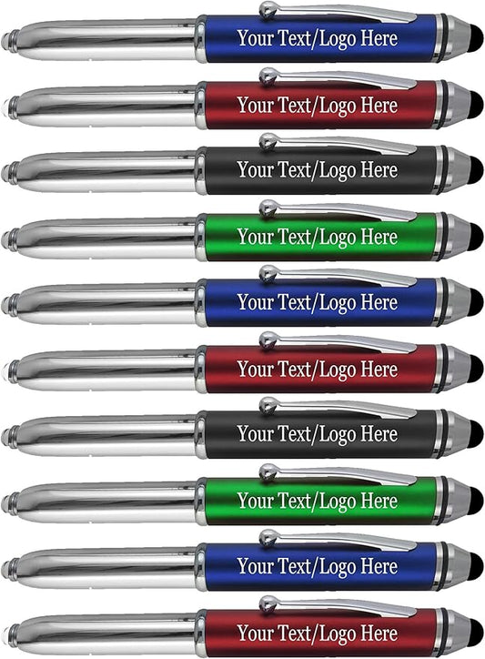 Promotional Pens with Personalized Text or Custom Business Logo- Bulk 150 Pack- for Marketing, Parties, and Events, 3 in 1 LED Flashlight + Ballpoint Pen + Stylus for Touchscreen Devices, Assorted