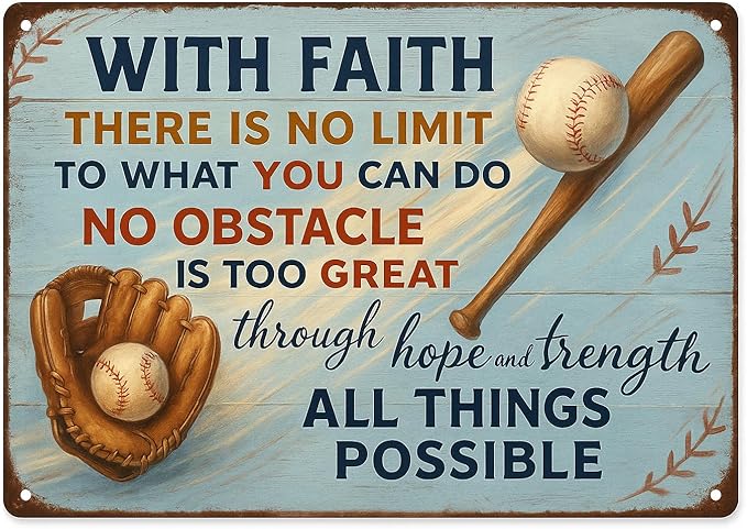 With Faith Baseball Metal Sign – Vintage Inspirational Quote Wall Decor for Locker Room, Bedroom, or Gym – Motivational Gift for Athletes, Coaches, and Baseball Fans(Baseball faith)