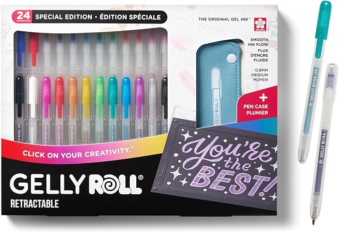 SAKURA Gelly Roll Retractable Gel Pens Colored - Assorted Gel Color Pens with Different Effects - 08 Medium Point Ink Pen for Journaling, Art, or Drawing - 1 Pen Case - Assorted Colored Ink - 24 Pens
