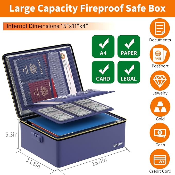 ENGPOW Fireproof Document Box, Hard Fireproof Box with Fireproof Zipper＆Lock, 6400°F Heat Insulated Fireproof Water Resistant File Organizer Storage Box Safe for Important Documents,Valuable,Blue