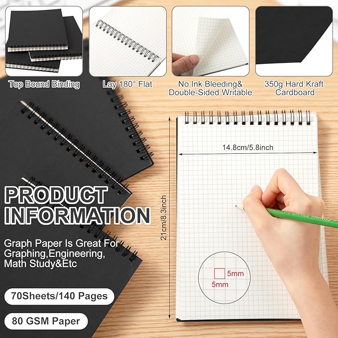 Engrowtic 4 Pack Graph Paper Spiral Notepad A5 Top Wirebound Notepad Grid Notebook Steno Pads Memo Notebook Grid Paper 140 Pages for Writing Sketching Drawing Office Supplies (Black)