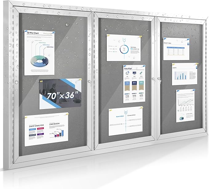 SWANCROWN Weather Resistant Enclosed Bulletin Board Gray Fabric Displays Boards Wall Mounted Notice Cabinet with Three Locking Doors, 70x36 inches