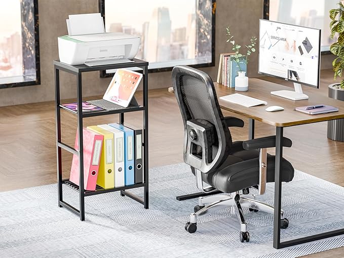 GEORIS 3 Tier Freestanding Printer Stand Shelf for Desk, Black Metal Side Table for Printer, Fax Marchine