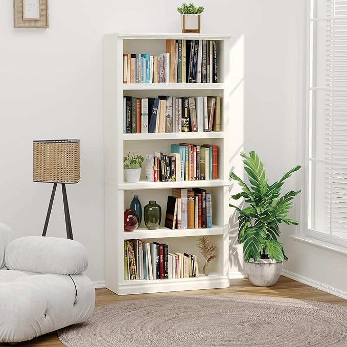 Bevfint 70-Inch Tall White Bookcase, 5 Tiers Shelves Open Storage Bookshelf, 33 in Wide Anti Tipping Indoor Furniture, Book Cases for Home Library Office Bedroom School
