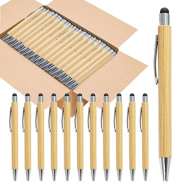 lyforx Bamboo Pens Bulk with Touch Stylus Tip Wooden Bamboo Pens Engraving Wooden Ballpoint Pen Customizable Gift Pen Bulk 50pcs