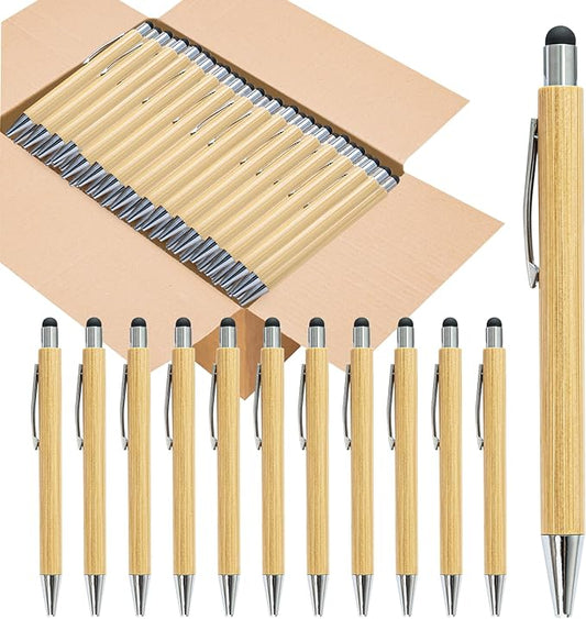 lyforx Bamboo Pens Bulk with Touch Stylus Tip Wooden Bamboo Pens Engraving Wooden Ballpoint Pen Customizable Gift Pen Bulk 50pcs