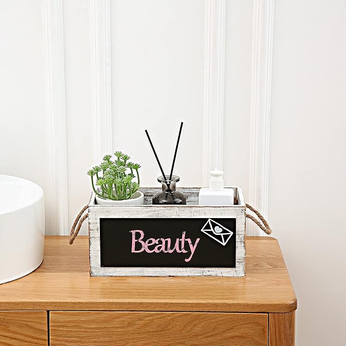 HoreZer Wood Mail Holder Box,Decorative Mail Organizer Box Countertop,Letter Holder Box for Desk with Chalkboard & Rope Handles,Rustic Desk Mail Organizer Home Office(White)