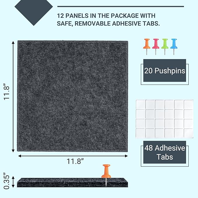 AKTOP Cork Board Bulletin Board 47"x35", 12 Pack Removable Felt Cork Board Tiles for Wall, Large Corkboard Notice Pin Board for Office, School & Home, 48 Safe Adhesive Tabs, 20 Push Pins, Dark Grey