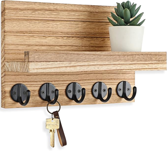 Lwenki Key Holder for Wall, Decorative Key and Mail Holder with Shelf Has Large Key Hooks for Bags, Coats – Paulownia Wood Key Hanger with Mounting Hardware (9.8”W x 6.7”H x 4.2”D) (Burnt Wood)