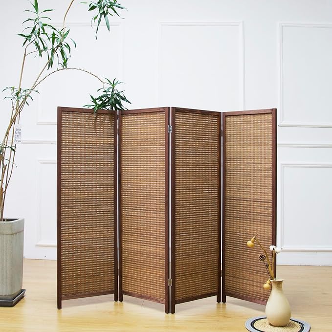 Furnnylane 4 Panel Short Room Divider Screen,Brown Freestanding Partition,Small Bamboo Panel Divider for Room Seperation,3.95 FT Tall