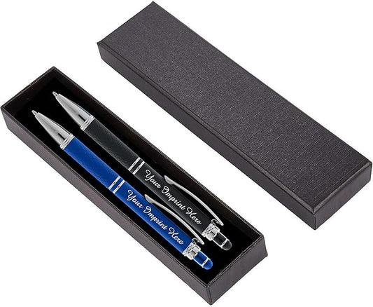 ExpressDesigns™ - Personalized Pens Gift Set - 2 Pack of Soft Touch Metal Pens w/gift box - Luxury Ballpoint Pen Custom Engraved with Name or Message (Black - Blue)