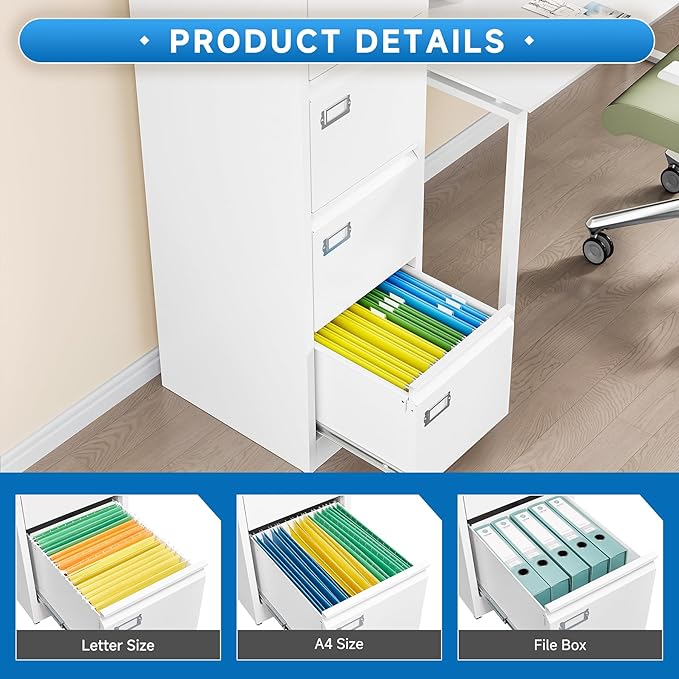 BYNSOE 4 Drawer File Cabinet with Lock Metal Vertical File Storage Cabinet Office Home Steel Vertical File Cabinet for A4 Legal/Letter Size Narrow File Cabinet Locked,Assembly Required