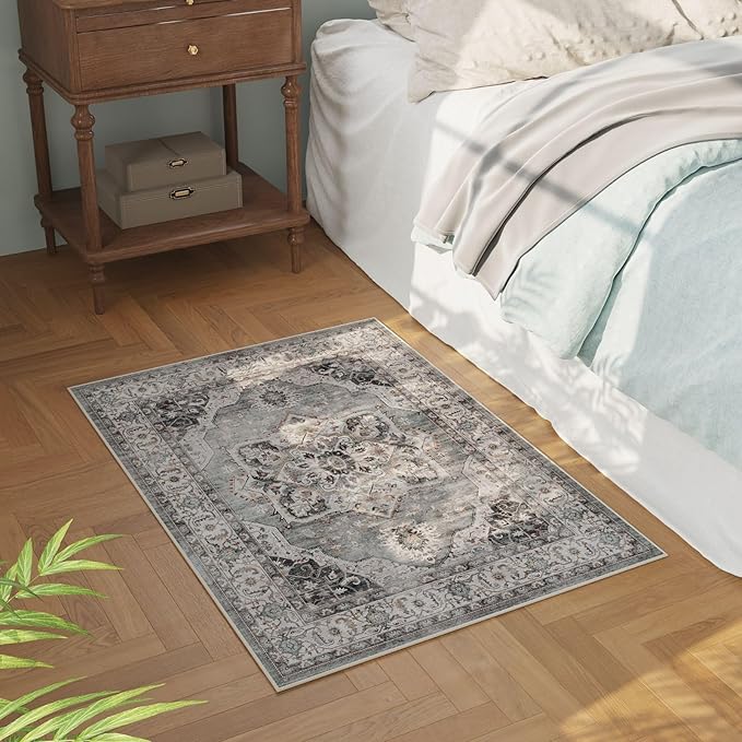 Rugcomf Vintage Medallion Rugs for Entryway 2'x3' - Door Mat Indoor Entrance, Machine Washable Area Rug, Non-Slip Low Pile Boho Carpet for Kitchen, Front Door, Bedroom, Kids Room - Grey and White