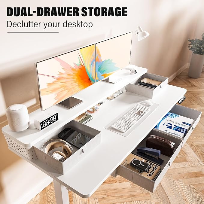 Kingant 48 x 24 Inch Electric Standing Desk with 4 Drawers, Height Adjustable Sit to Stand Computer Desk with Storage Shelf and C-Clamp Mount Compatibility for Home Office, White
