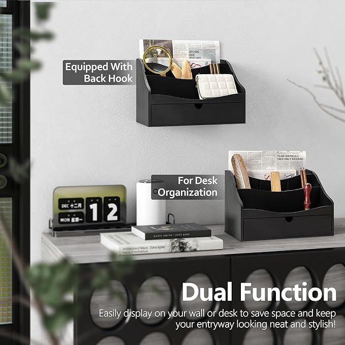 Rebee Vision Pine Wooden Mail Organizer for Desk - Farmhouse Mail Sorter Countertop Organizer for Office Desk & Home Decor - Letter Holder with Drawer for Store Jewelry (Black)