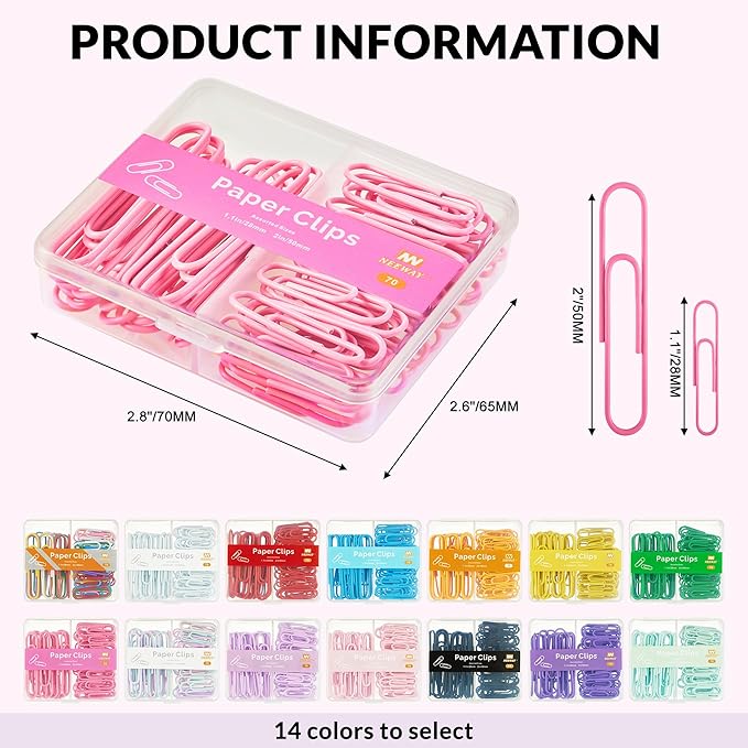 NEEWAY Colorful Paper Clips Assorted Sizes, Small and Large Paperclips, 210 Count, 3 Pack of 70 (Rose Pink)