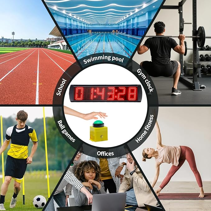5 Inch 6-Digit LED Race Timer, Running Event Gym Timer for Countdown/Count Up, 12/24 Hour Real Time, Stopwatch with Remote Control, Portable Large Wall Clock（Button）