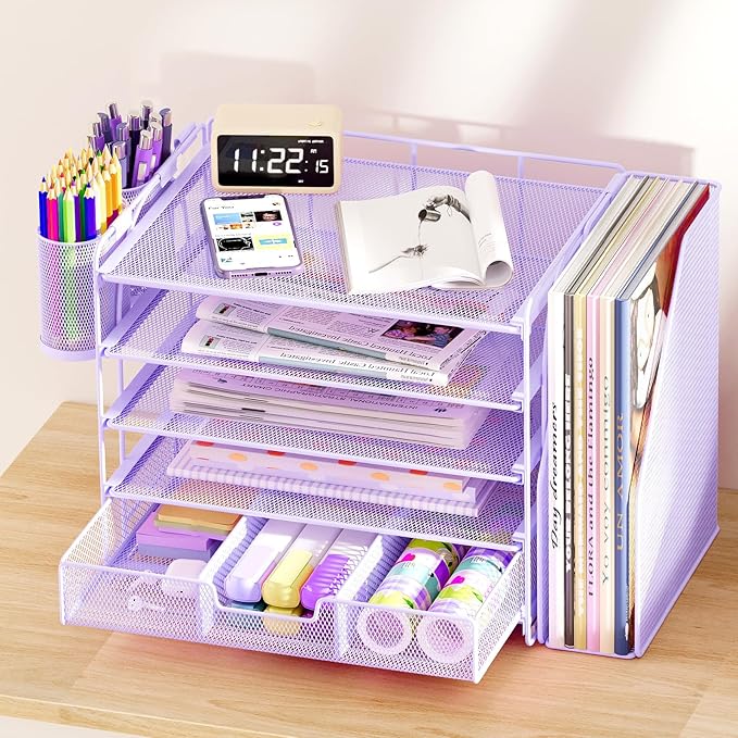 OPNICE Desk Organizer, 5-Tier Paper File Organizer with Drawer & Pen Holder, Office Desk Accessories, Workspace Desktop Organizer for Office Supplies(Purple)