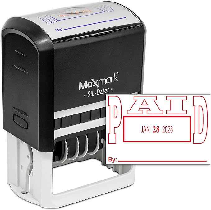MaxMark Large Self-Inking Rubber Date Office Stamp with Paid Phrase & Date - Red Ink, 12-Year Band - Style 5