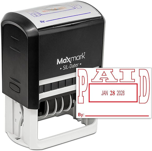 MaxMark Large Self-Inking Rubber Date Office Stamp with Paid Phrase & Date - Red Ink, 12-Year Band - Style 5