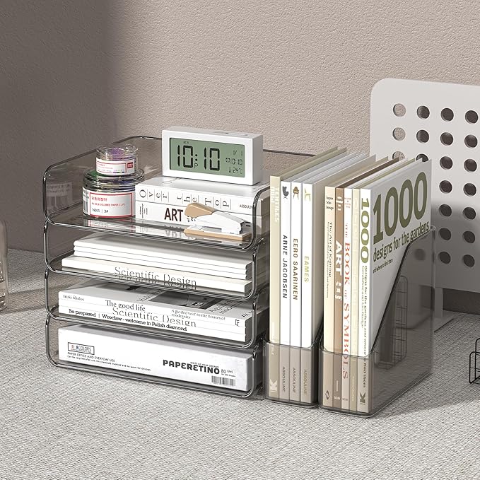 FANXIYQ Acrylic Paper Organizer with Movable Bookends, 4-Tier Stackable Paper Tray for Desk, Brown Clear File & Letter Tray Organizer Office