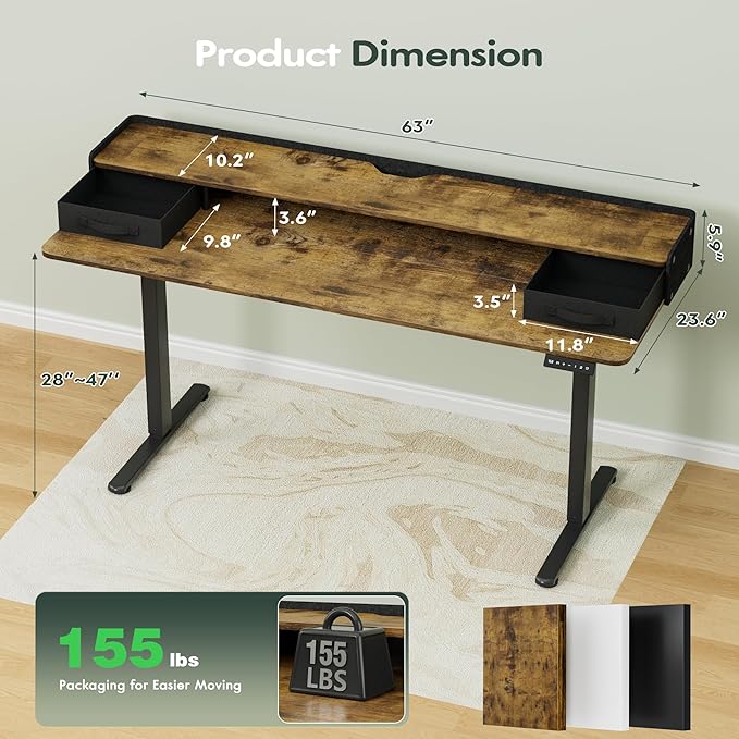 Homall Electric Standing Desk with 2 Drawers, Adjustable Height Computer Desk with Monitor Shelf Sit Stand Table with Splice Board Quick Install for Home Office (Rustic Brown, 63 Inch)