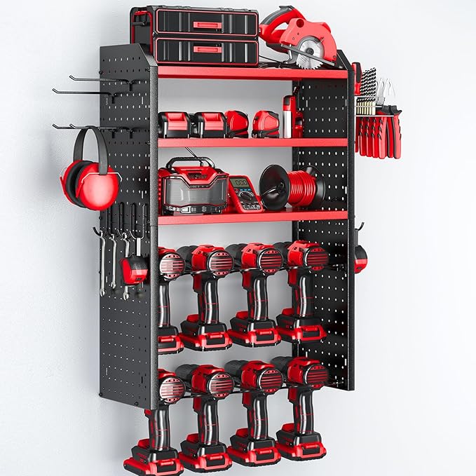 KAFAHOM Power Tool Organizer, Large 8 Drill Holder Wall Mount with 2 Side Pegboards,5 Layer Heavy Duty Metal Tool Storage Rack, Tool Shelf for Garage Organization, Utility Battery Shelves - Red